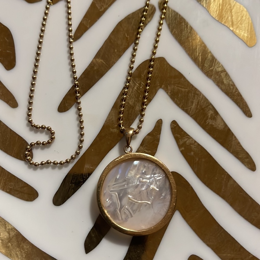 New Asha Taurus Mother of Pearl Pendant Necklace with Long and Short Chains Gold - Picture 9 of 11